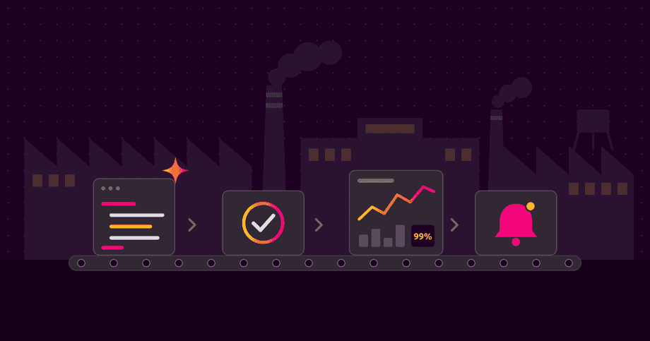 Code written by an agent travels down a factory conveyor belt, is checked, and comes out as dashboards and alerts