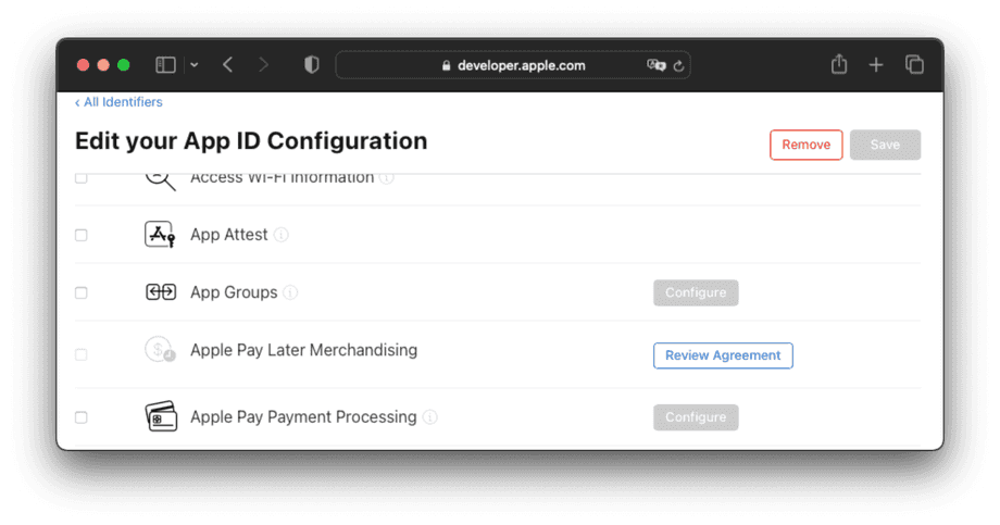 App Group configuration on the App Store Connect